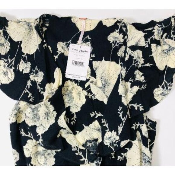 Free People Black Floral Boho Short Flutter Sleeve Wrap Mini Dress Sz S New - Picture 10 of 13